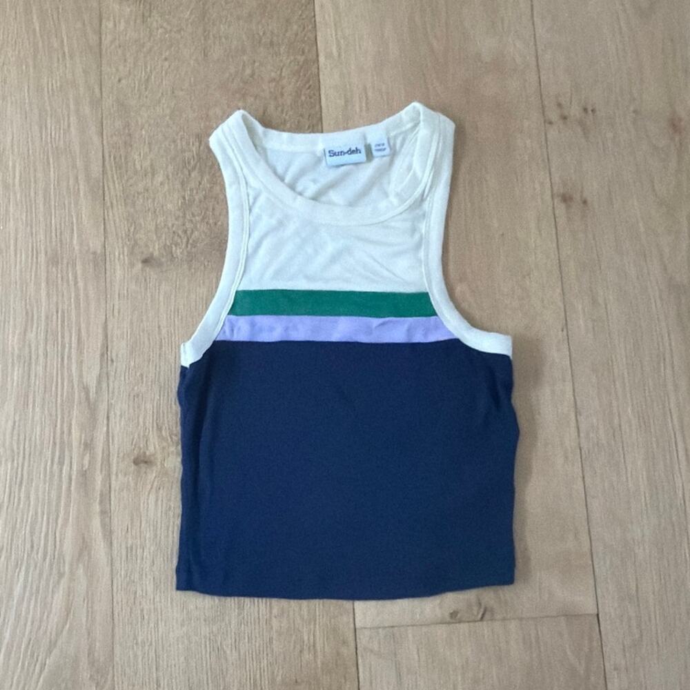 Sun-deh Tank Top Sleeveless Color Block Size XXS Navy Cream Green Purple